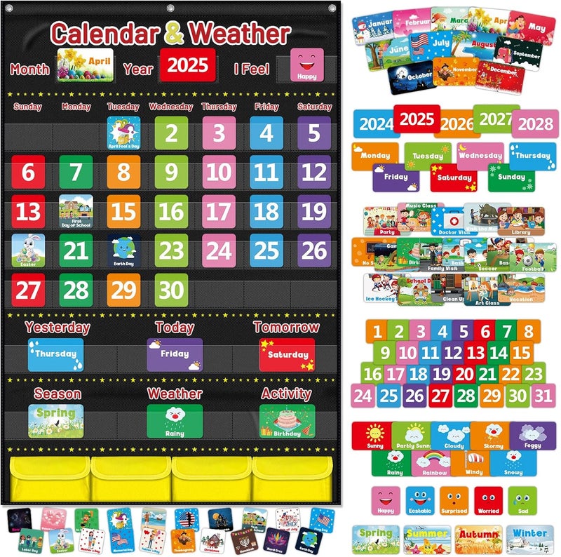 AKAYOK Calendar and Weather Pocket Chart for Kids Learning, Large 44.5”x28” Homeschooling Calendar Pocket Chart with 113 Cards, Teacher and Back to School Supplies - Image 1